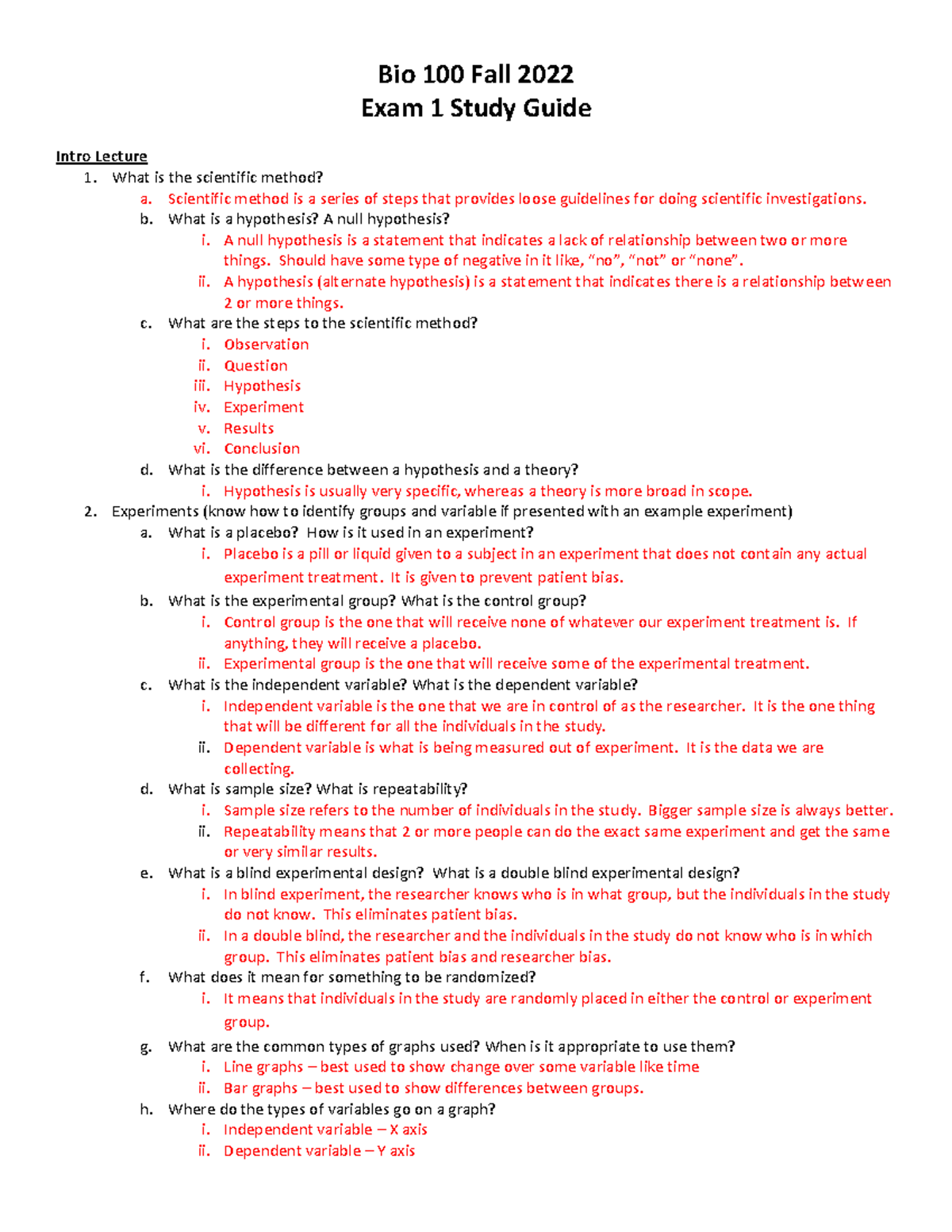Exam 1 Study Guide - Filled Out Fall 2022 - Bio 100 Fall 2022 Exam 1 ...