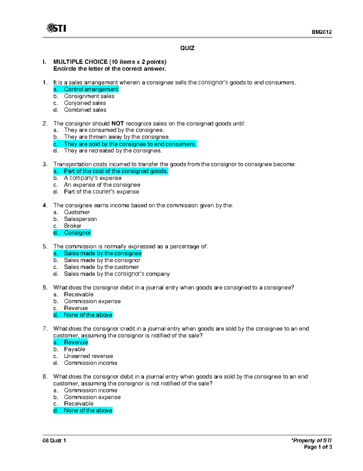 08 Quiz 1 - Special Transaction - 08 Quiz 1 *Property of STI QUIZ I ...