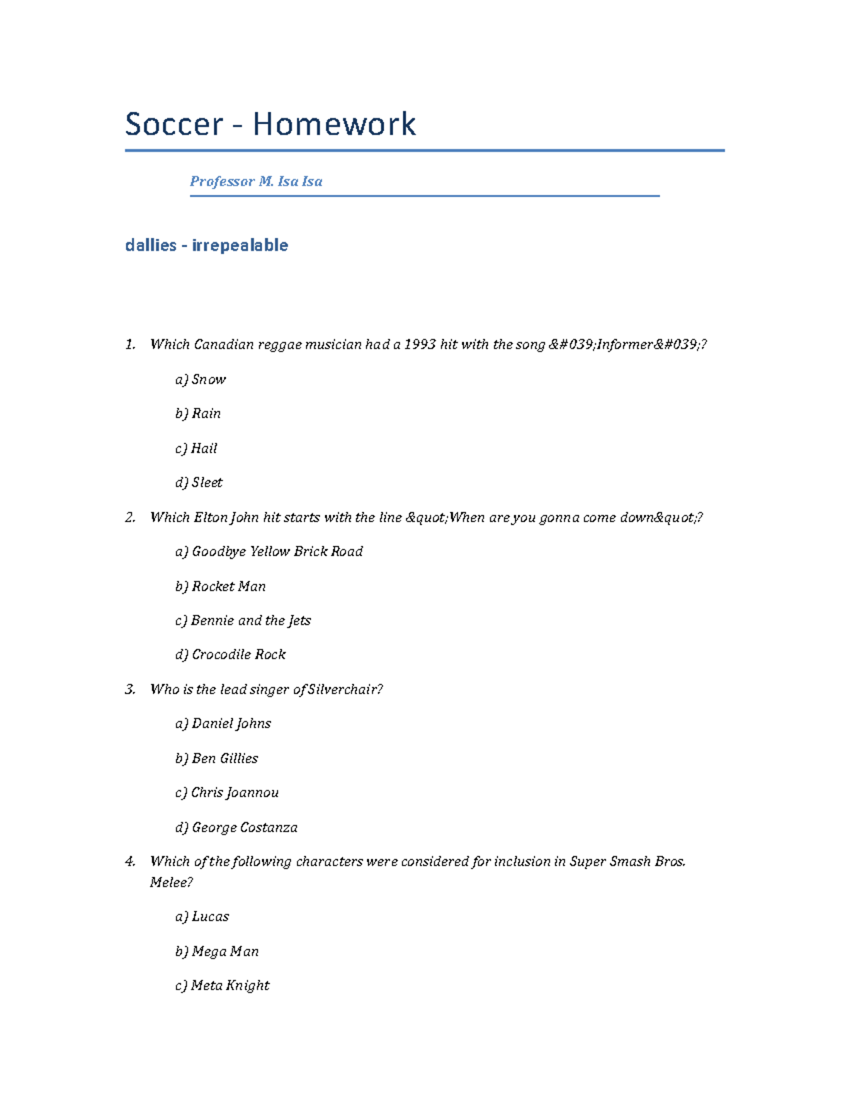 soccer homework assignments