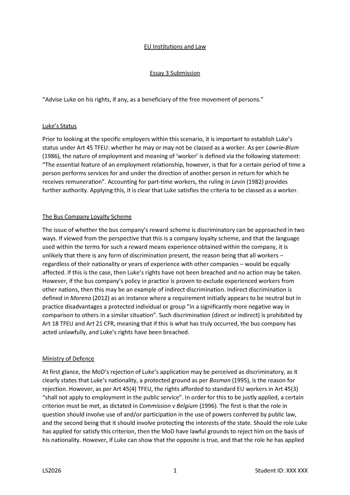 EU Essay 3 Submission Redacted - LS2026 1 Student ID: XXX XXX EU ...