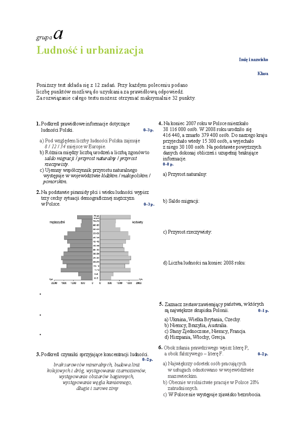 255468251 Ludność i Urbanizacja Test Grupy a i B 2 - grupa a Ludność i