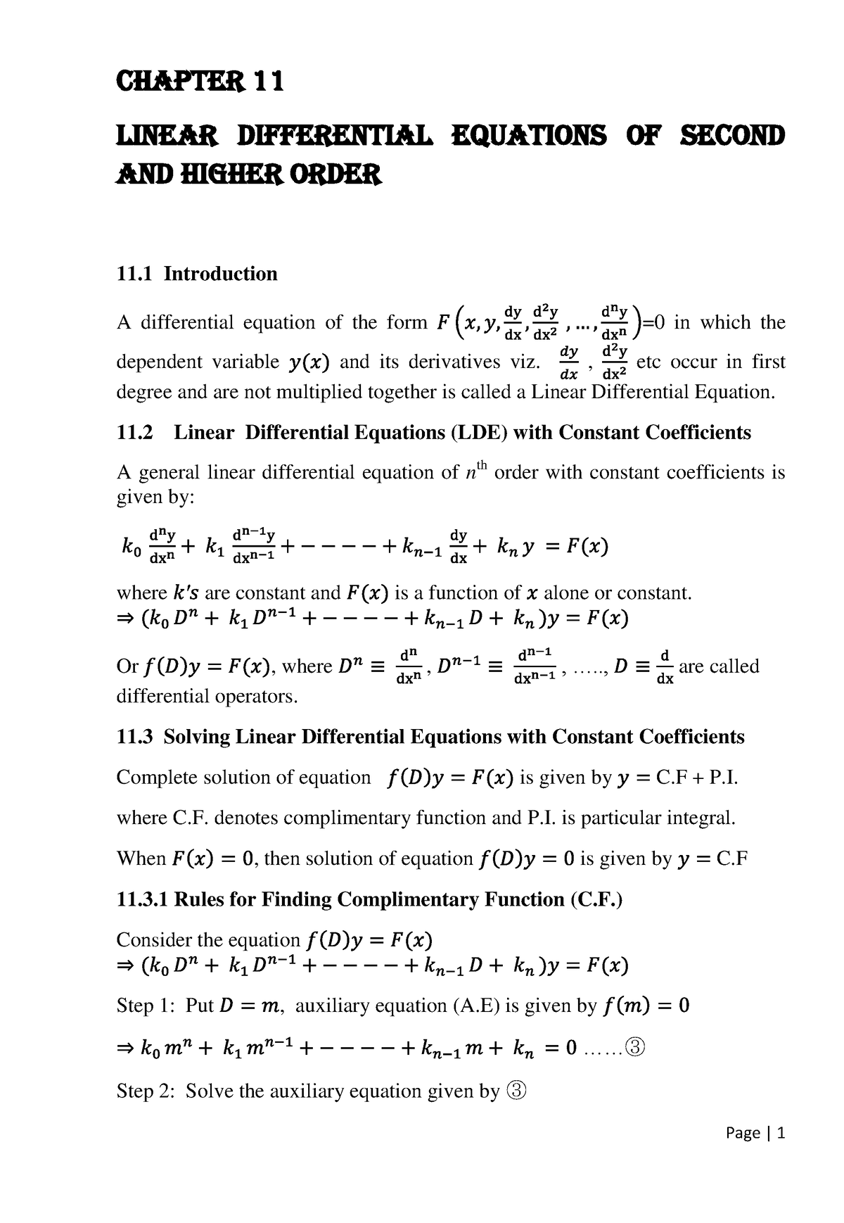 Notes Of Differential Equations With Solved Examples Chapter 11 Linear Differential Equations 7057