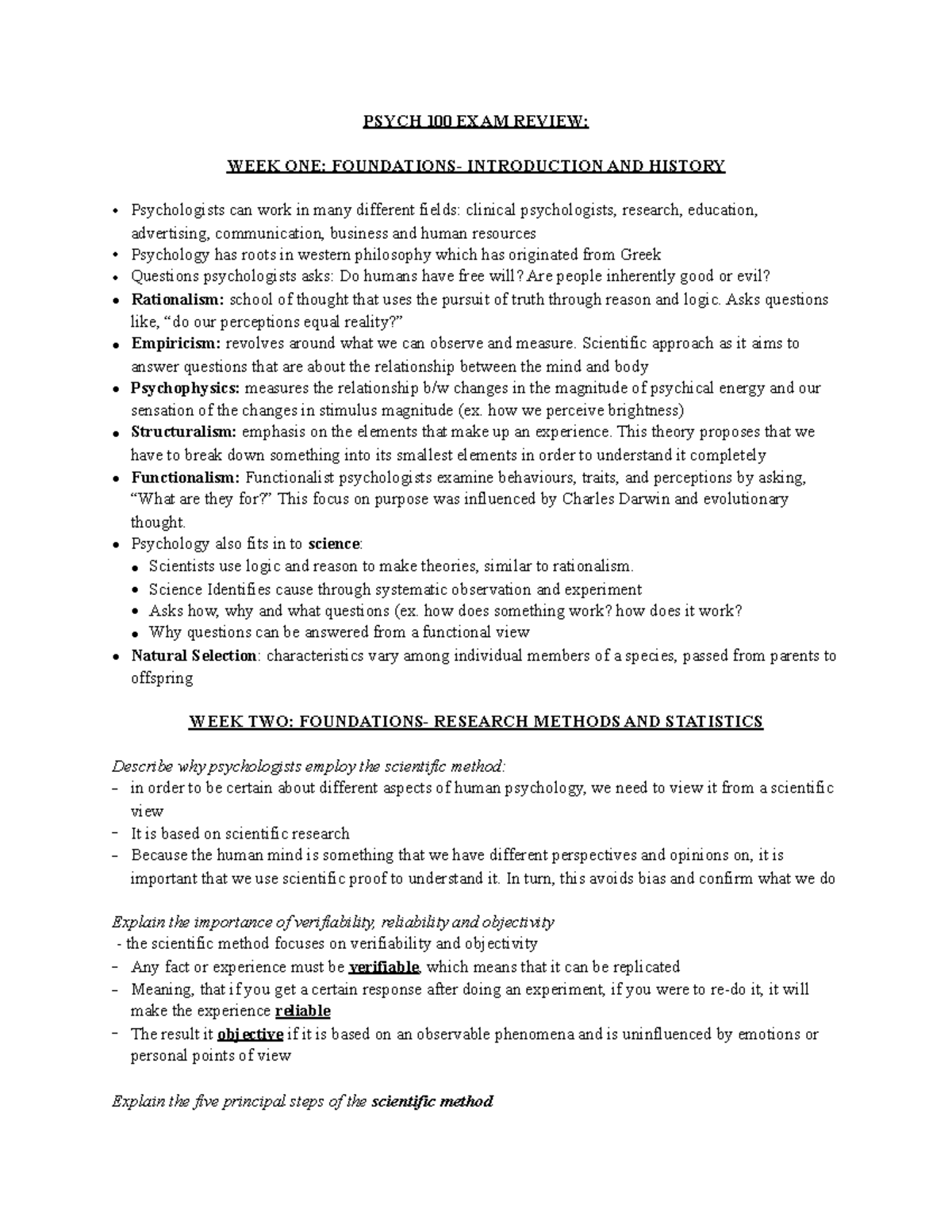 PSYC Exam Review - PSYCH 100 EXAM REVIEW: WEEK ONE: FOUNDATIONS ...