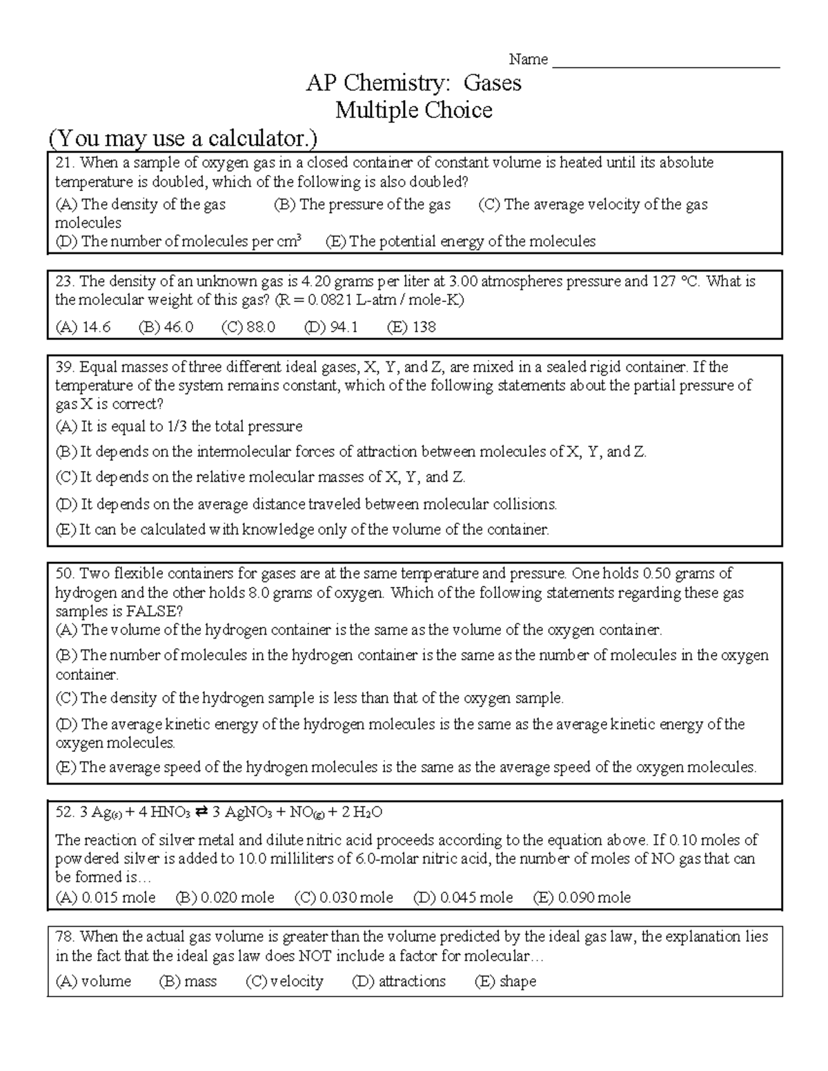 Gases ap mc - Name ____________________________ AP Chemistry: Gases ...