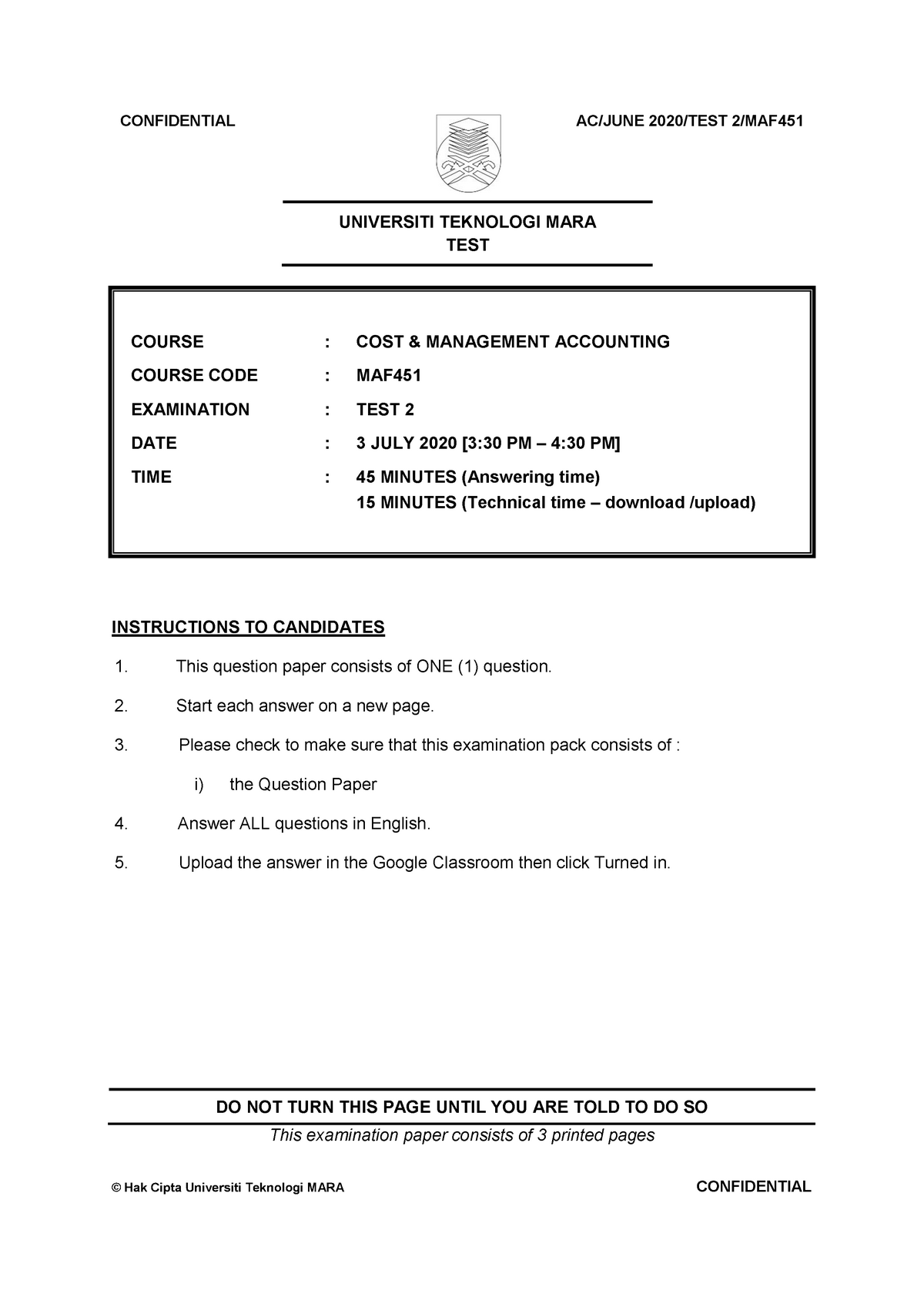 TEST 2 MAF451 Question - CONFIDENTIAL 1 AC/JUNE 2020 /TEST 2/MAF © Hak ...