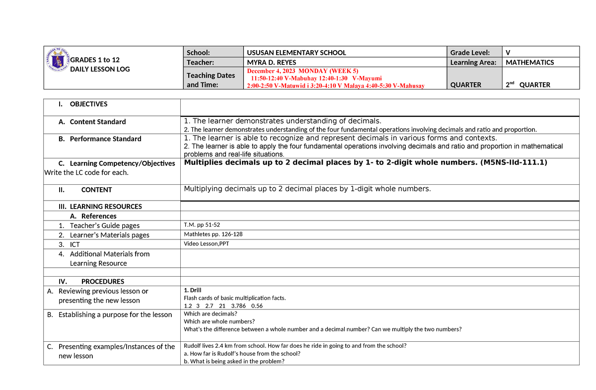 DLL IN MATH 5 WEEK 5 - For Correction And Improvement - GRADES 1 To 12 ...