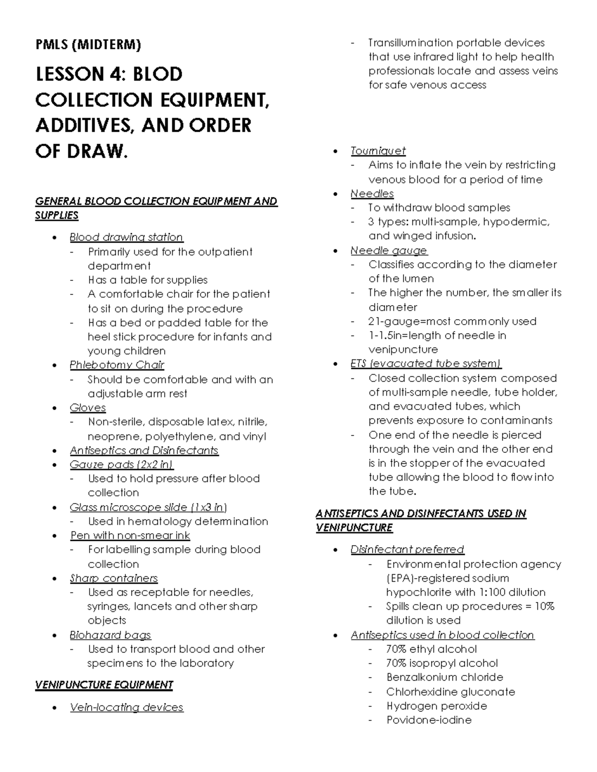 PMLS2 midterm - PMLS (MIDTERM) LESSON 4: BLOD COLLECTION EQUIPMENT ...