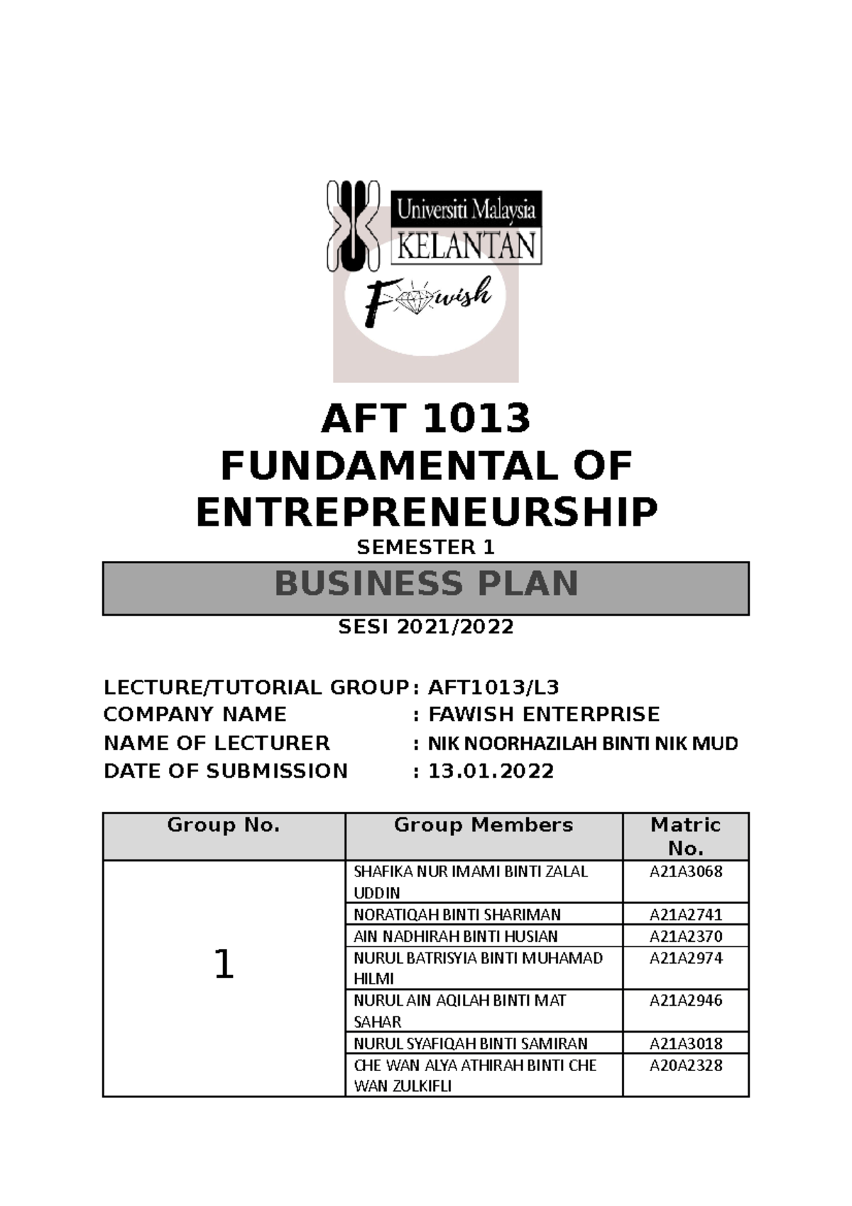 FULL Assignment Keusahawanan Group 2 - AFT 1013 FUNDAMENTAL OF ...