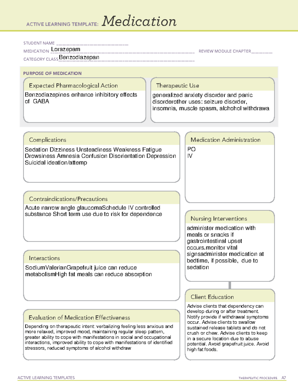 Lorazepam medication card - ACTIVE LEARNING TEMPLATES TherapeuTic ...