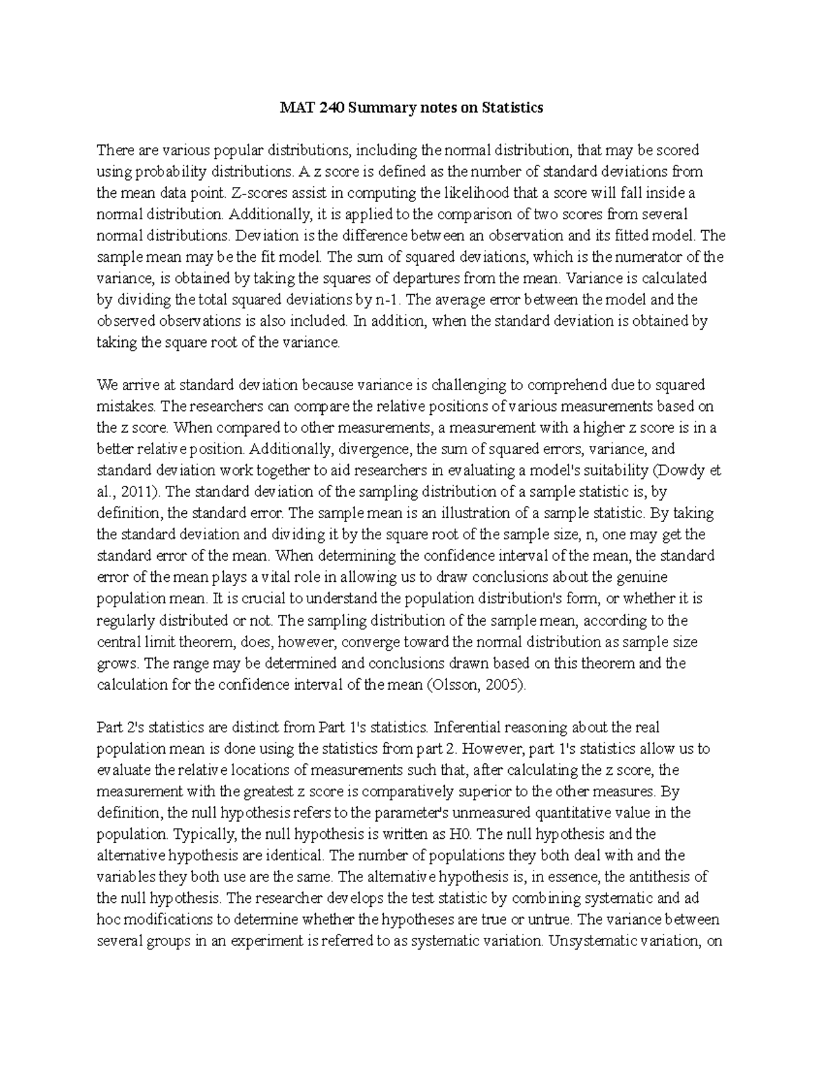 MAT 240 Summary notes on Statistics MAT 240 Summary notes on