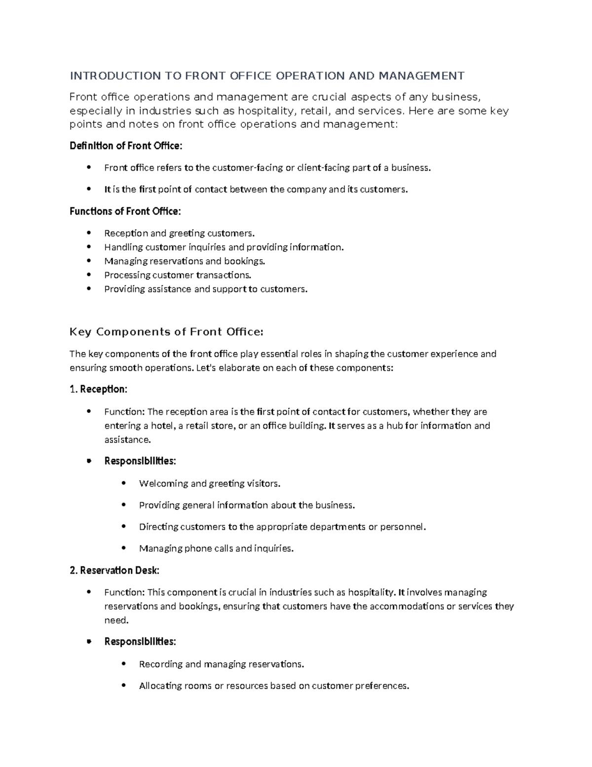 Introduction TO Front Office Operation AND Management INTRODUCTION TO