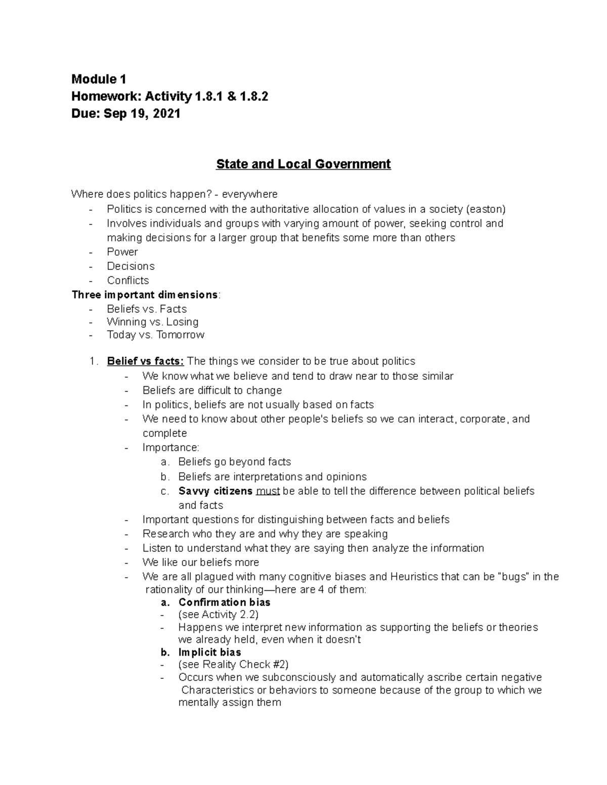 POLS 207 Exam 1 Notes - Module 1 Homework: Activity 1.8 & 1. Due: Sep ...