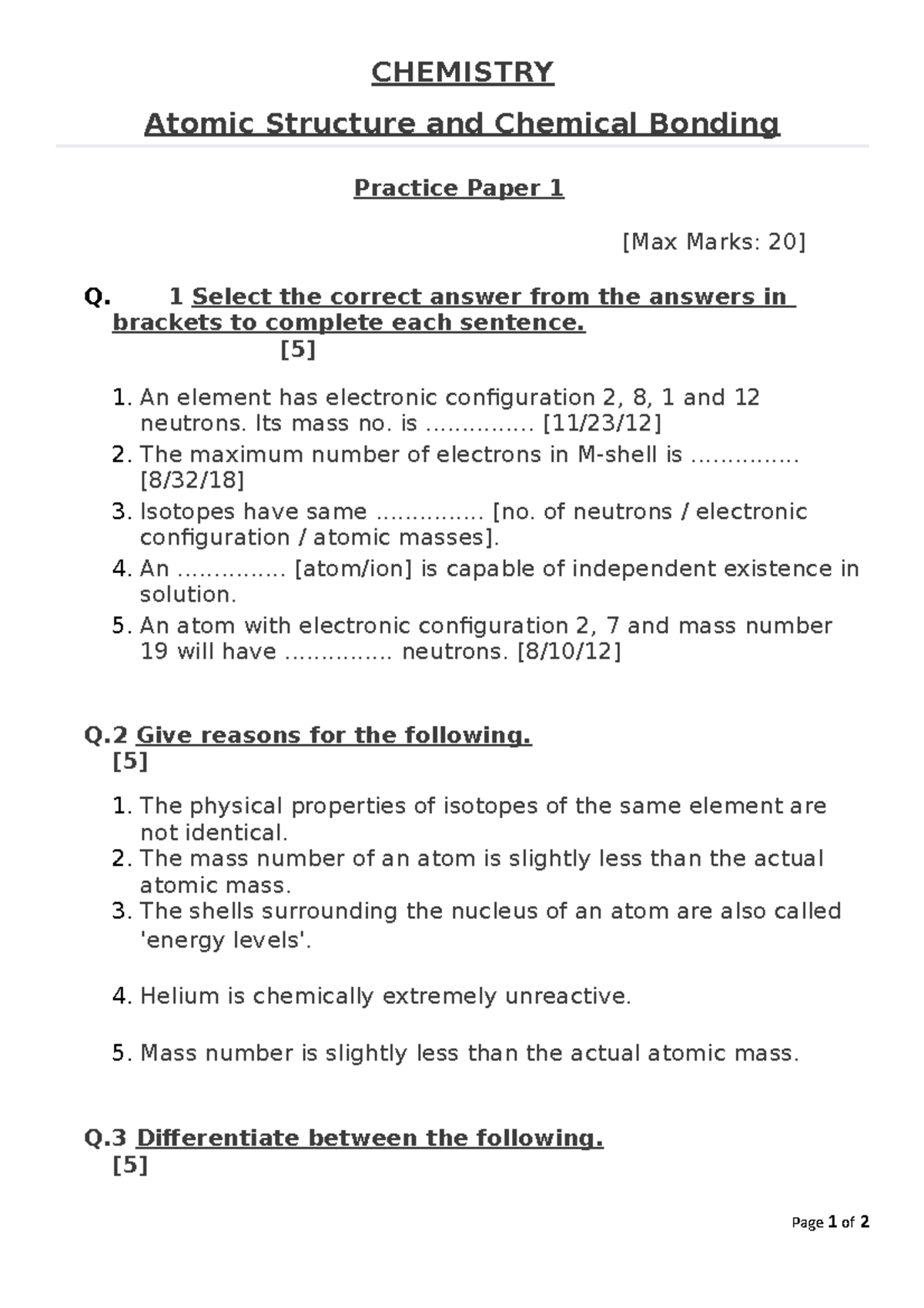 Practice paper - CHEMISTRY Atomic Structure and Chemical Bonding ...