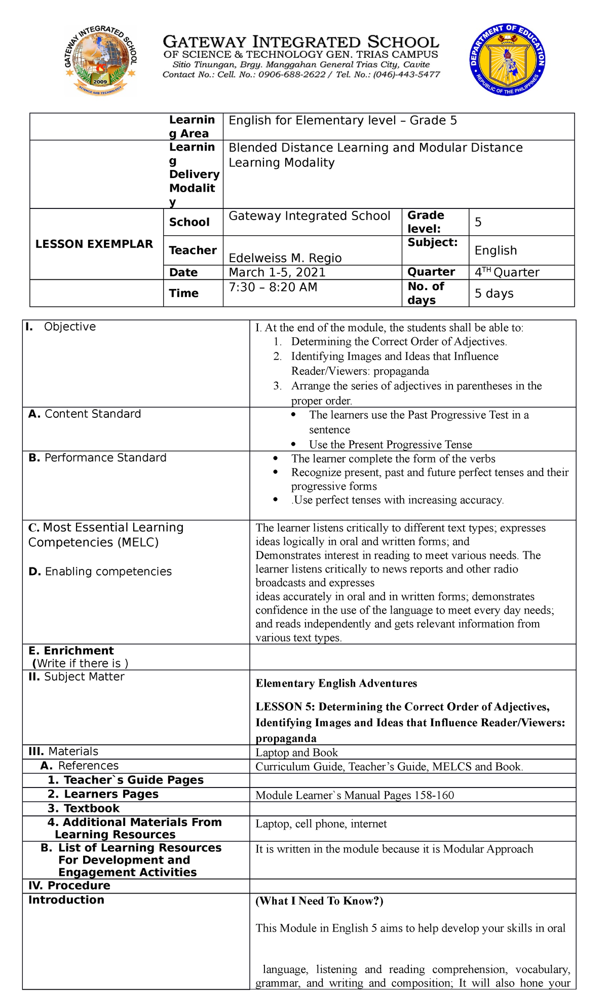 Exemplar Quarter 2 - Grade: 8 for lesson 10 - Learnin g Area English ...