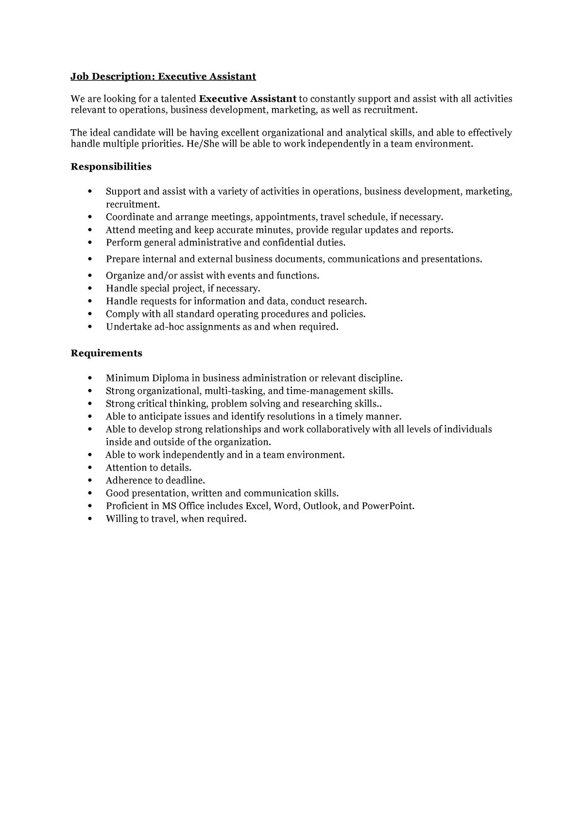 Executive Assistant Job Responsibilities For Resume