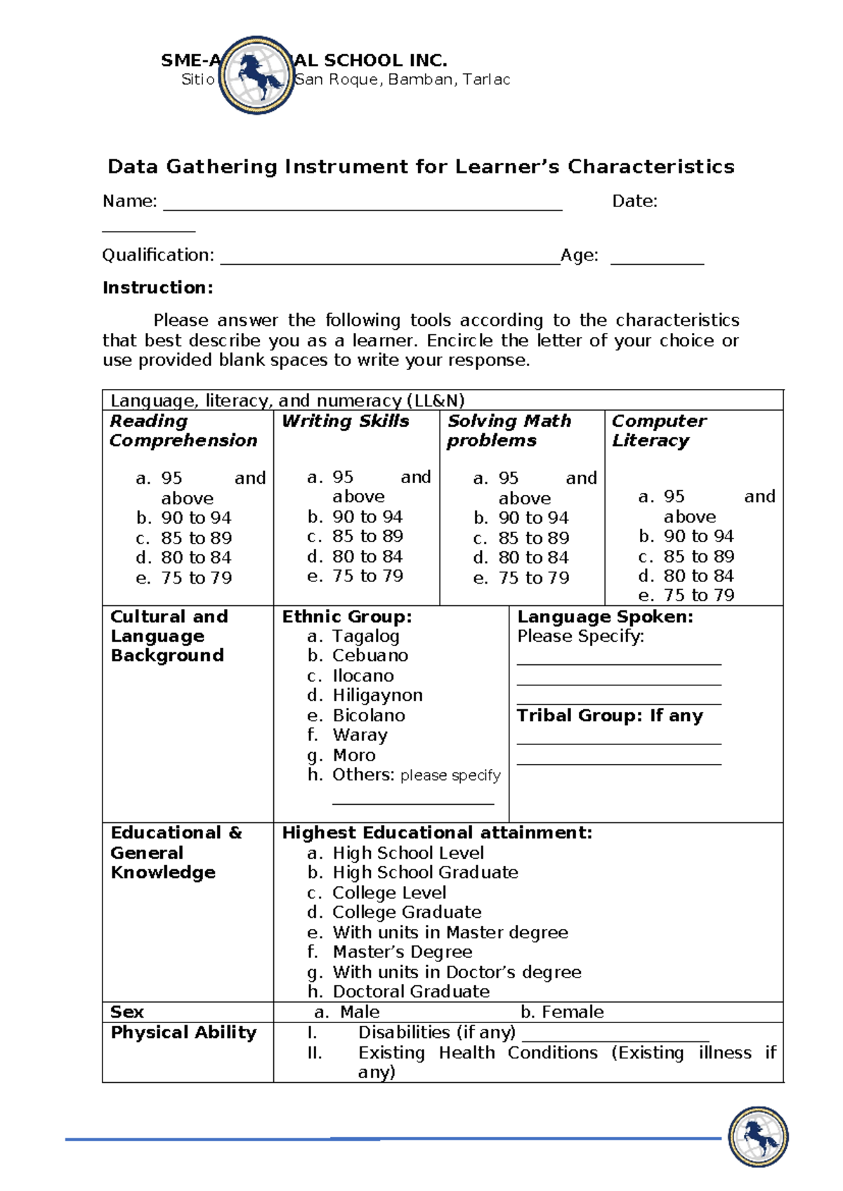 Data Gathering - TM1 - SME-AG GLOBAL SCHOOL INC. Sitio Macapul, San ...