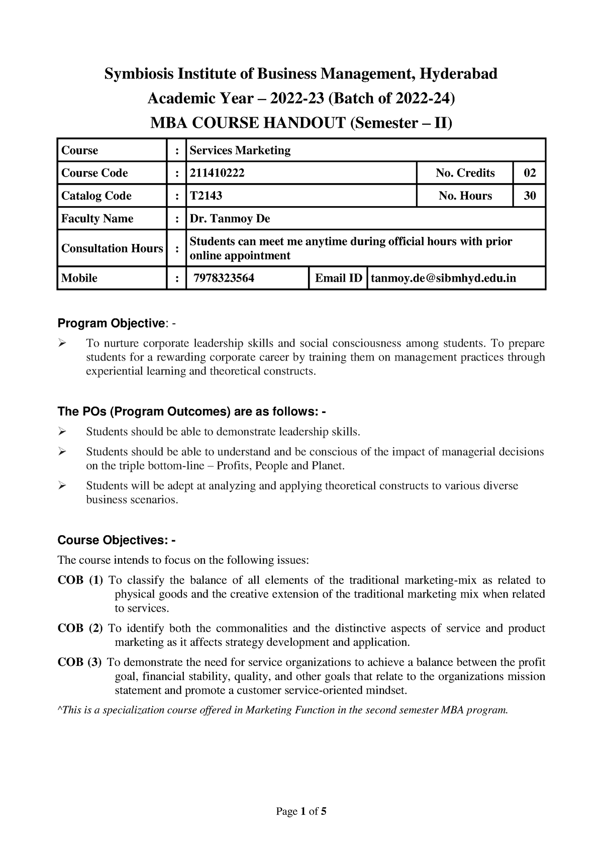 Services Marketing (Course Handout) Nov2022 - Marketing management ...