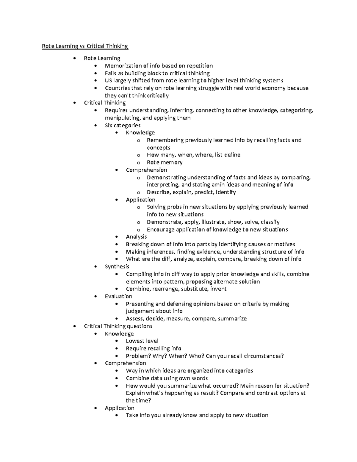 rote learning vs critical thinking