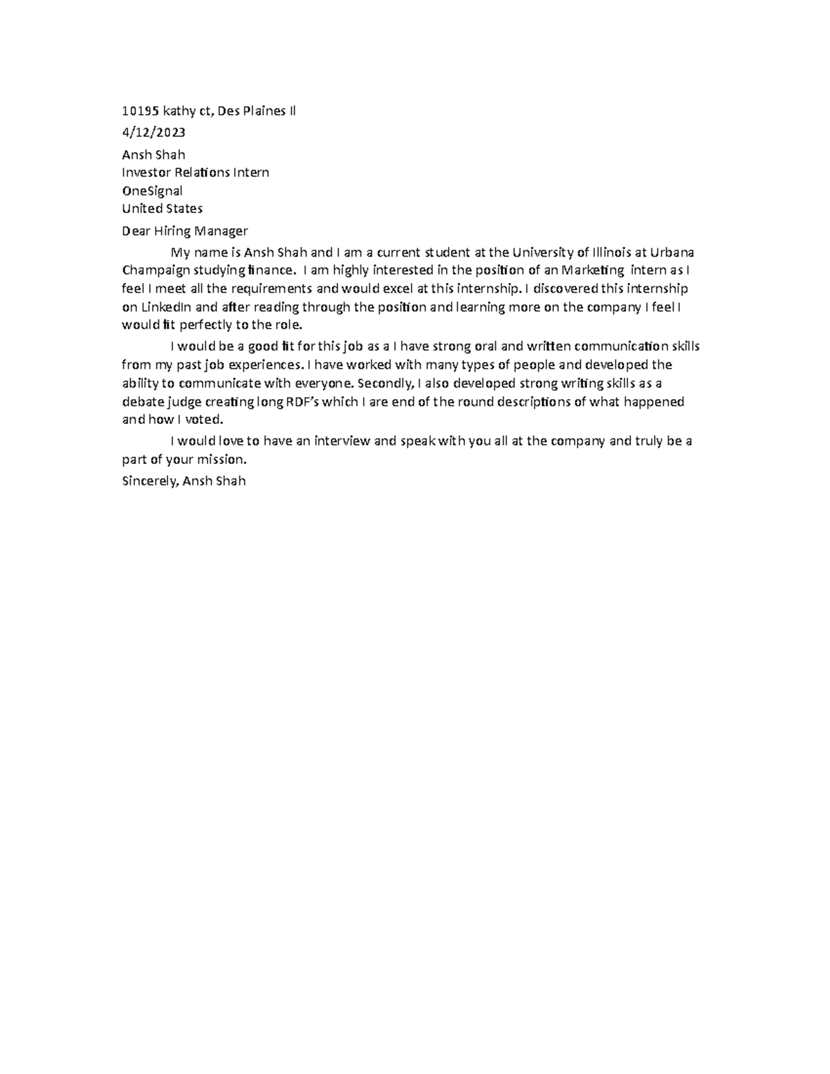 Cover Letter example - 10195 kathy ct, Des Plaines Il 4/12/ Ansh Shah ...