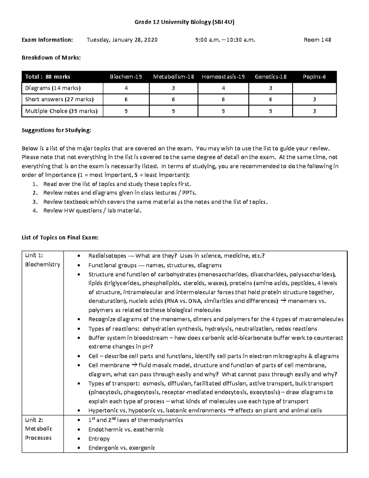 Review for bio exam - Biology - Université de Khenchela - Studocu