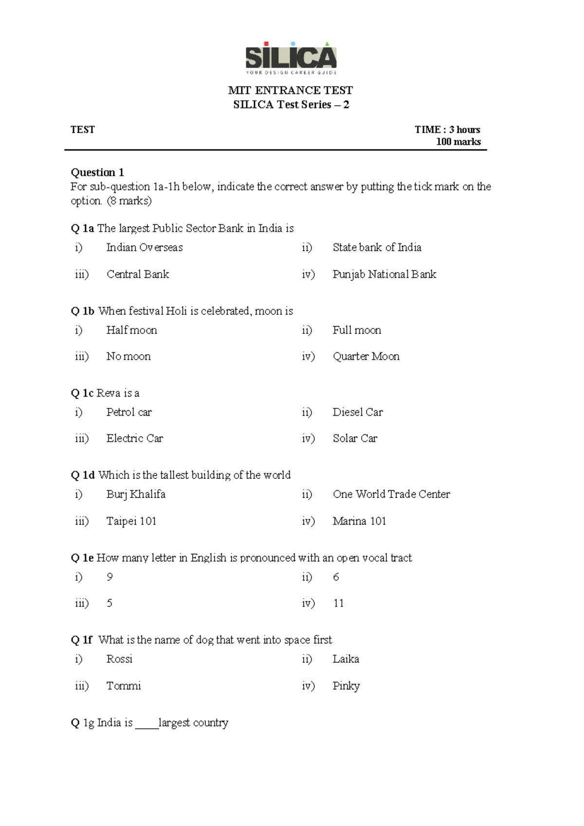 Mit sample paper 2 Entrance Exam MIT ENTRANCE TEST **SILICA Test