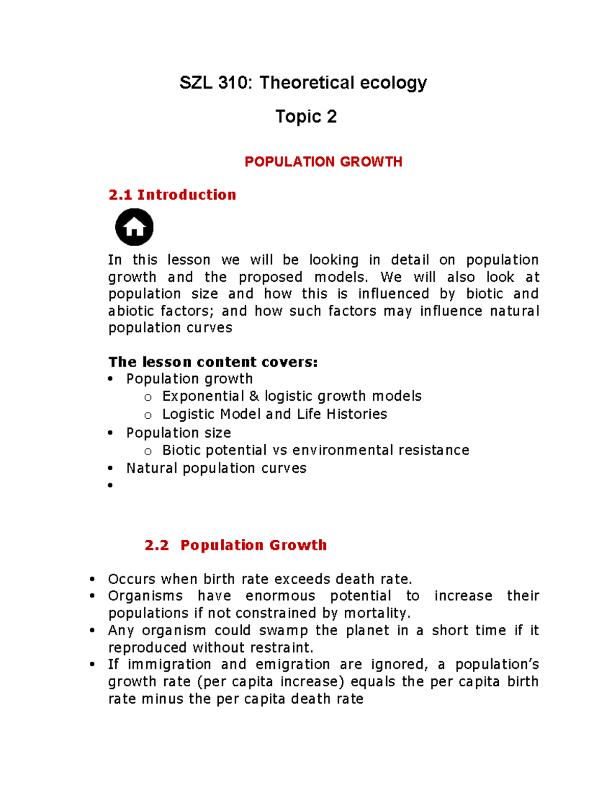 SZL 310 Topic 2 Population growth - SZL 310: Theoretical ecology Topic ...