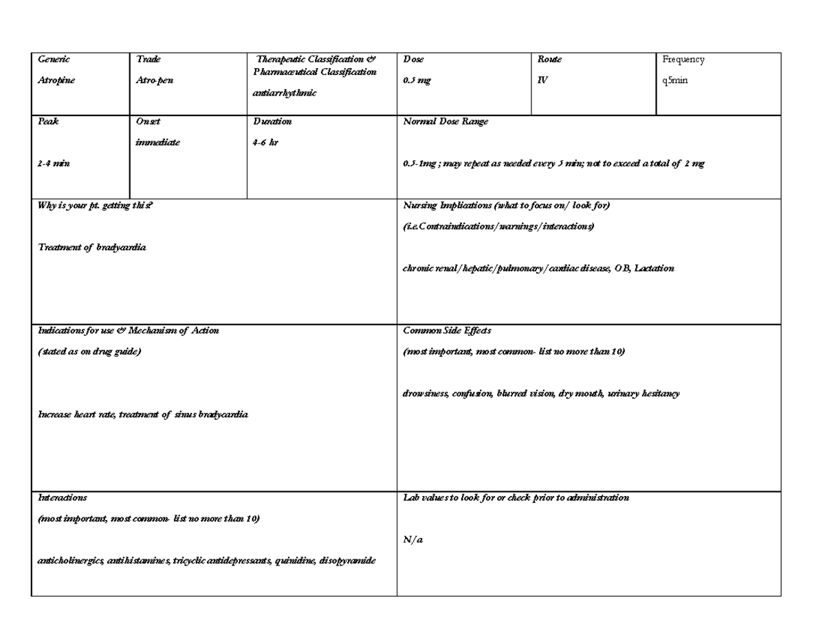 Atropine Drug Card - Study Material - Generic Atropine Trade Atro-pen ...