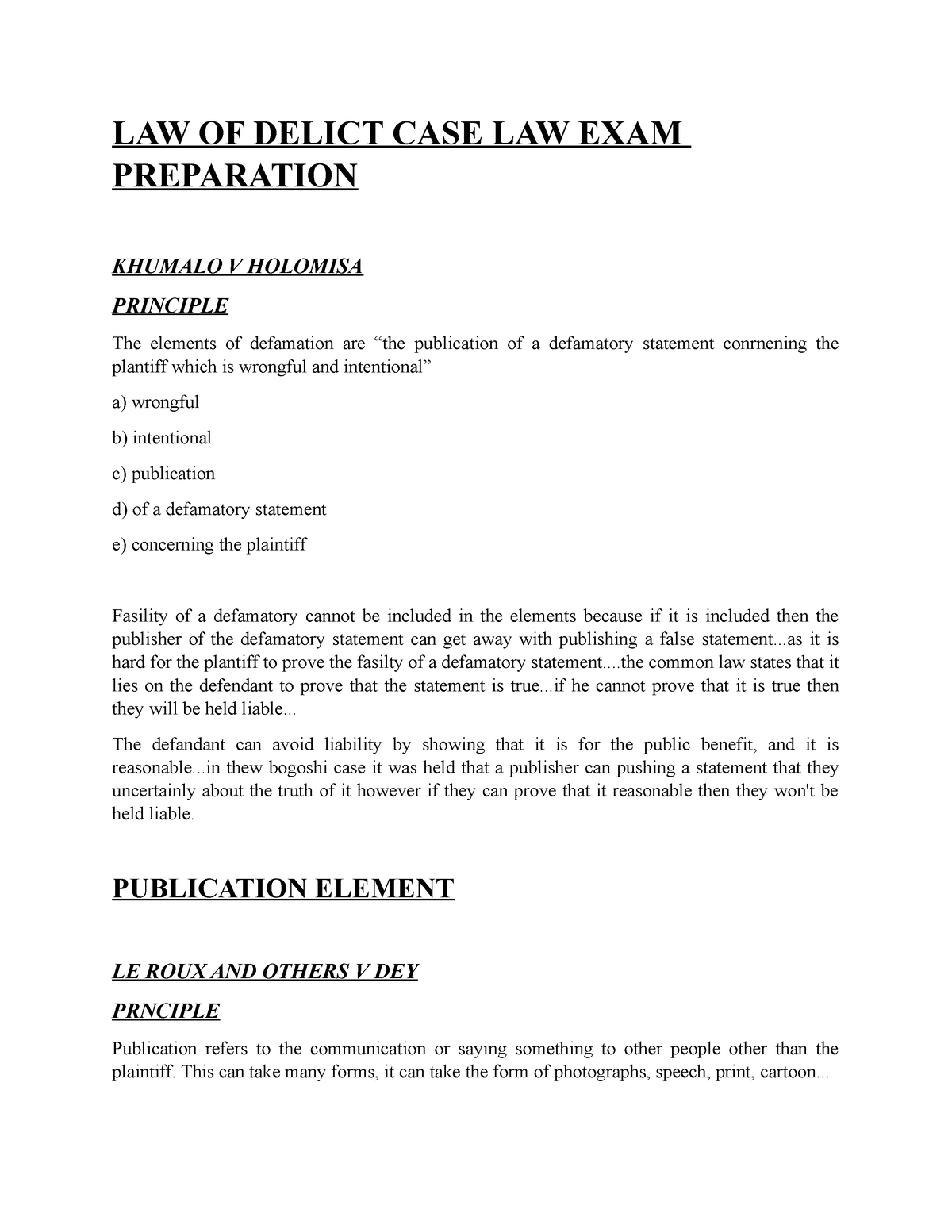 Prima Facie Elements Cases - LAW OF DELICT CASE LAW EXAM PREPARATION ...