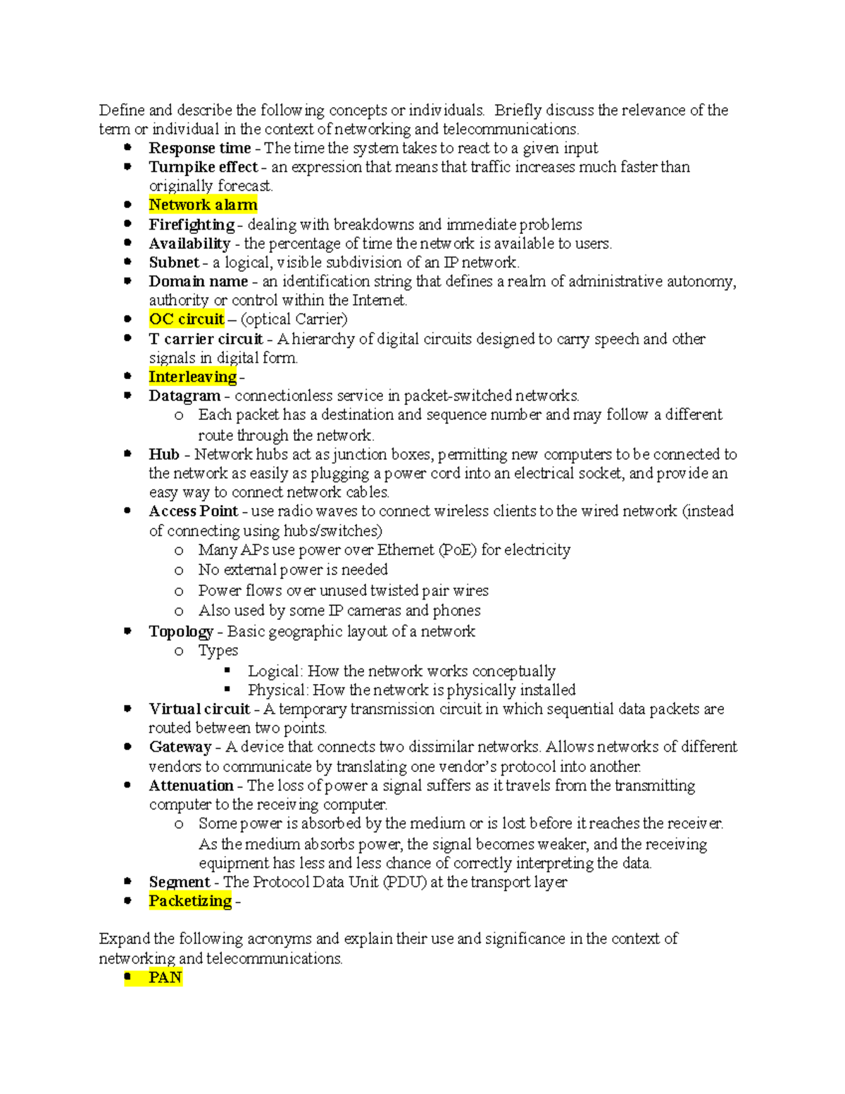 Final Review 2 Lecture notes 9 Define and describe the following