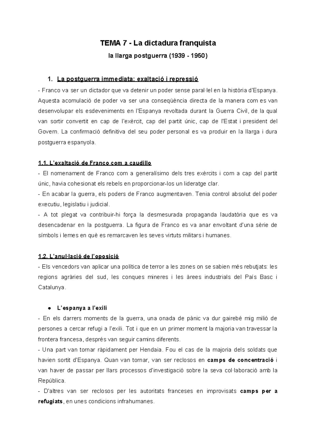 Tema 7 La Dictadura Franquista Tema 7 La Dictadura Franquista La Llarga Postguerra 1939 Studocu