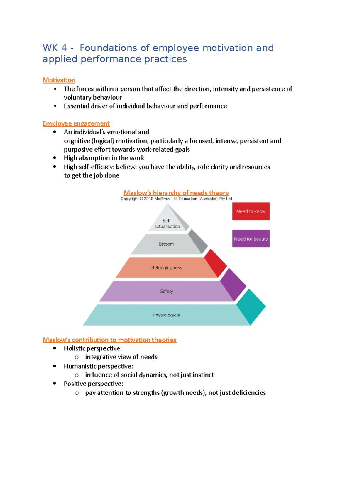 WK 4 - slides summary - WK 4 - Foundations of employee motivation and ...