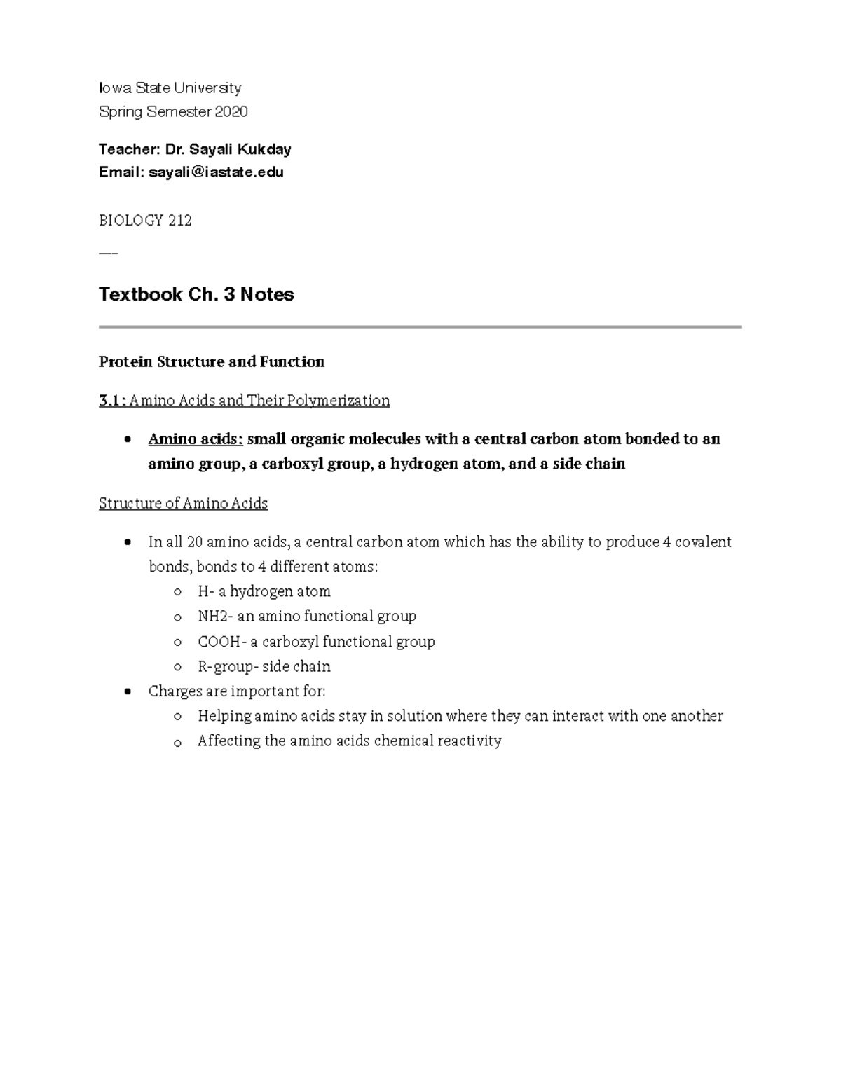 Bio. 212 Ch. 3 Notes. Pdf - Iowa State University Spring Semester 2020 ...