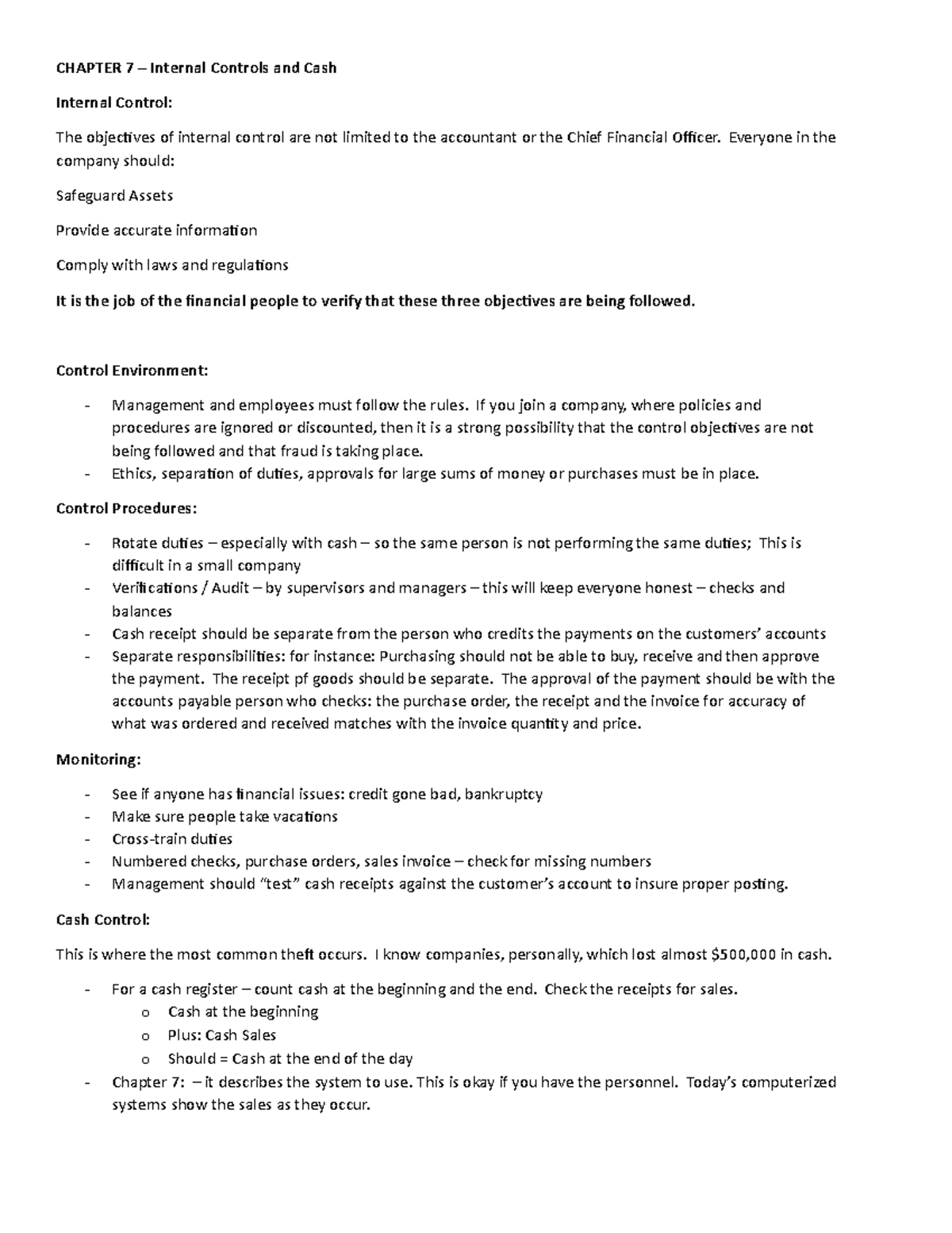 Cash and internal controls - CHAPTER 7 – Internal Controls and Cash ...