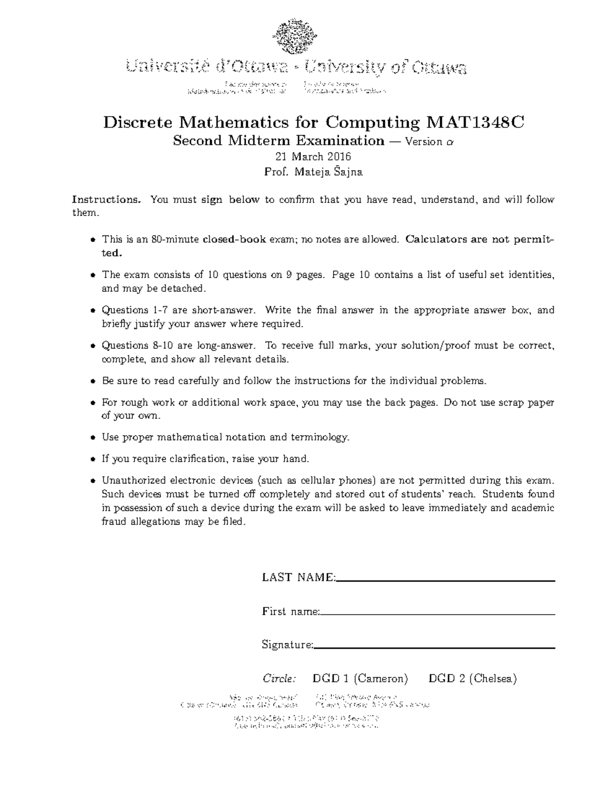 Midterm 16-2 - Discrete Mathematics For Computing MAT1348C Second ...