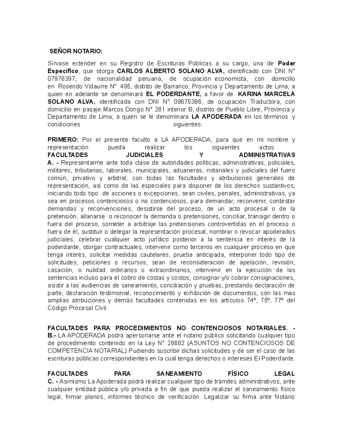 Poder Especifico Carlos Solano- Karina - SEÑOR NOTARIO: Sírvase ...
