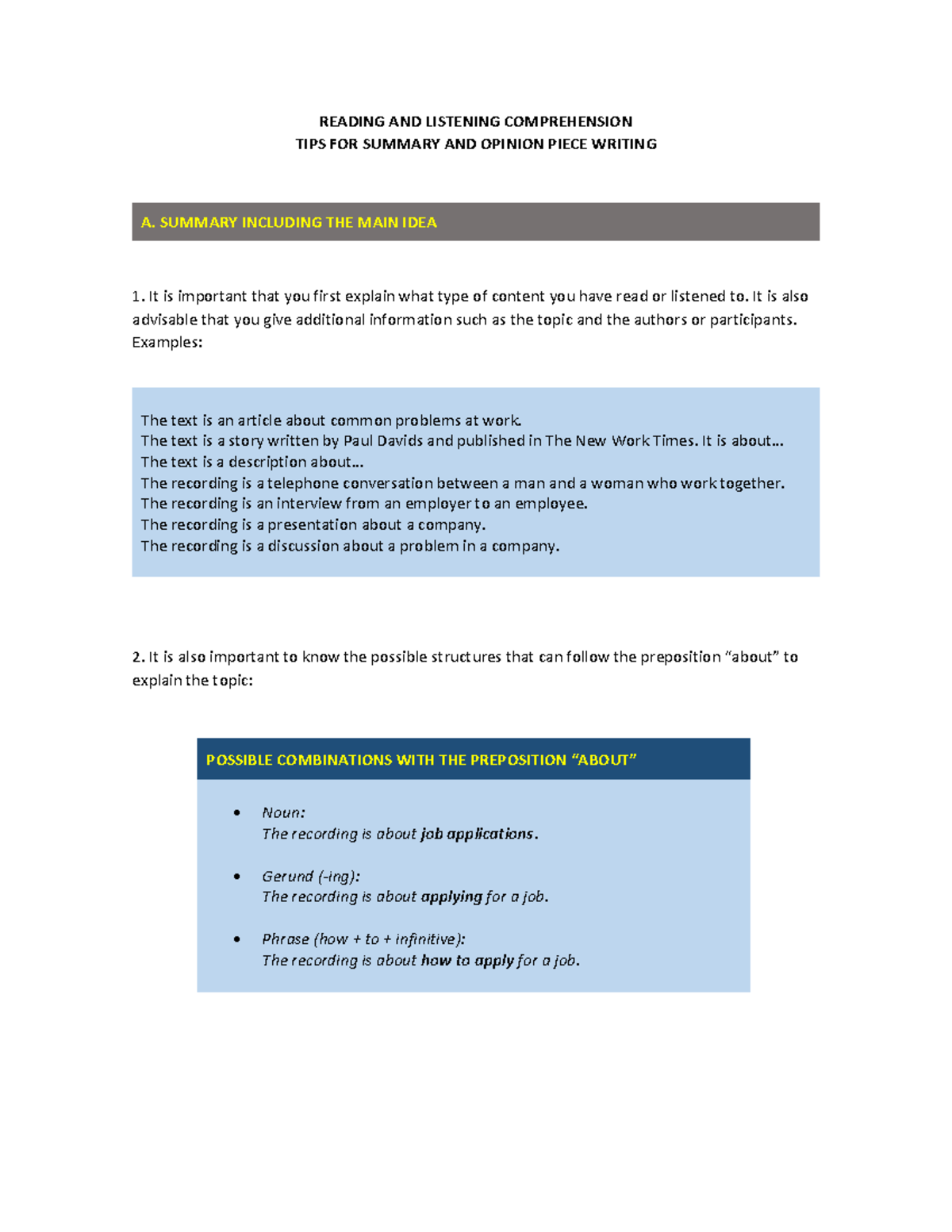 RC AND LC TIPS FOR Summary AND Opinion Piece Writing - READING AND ...