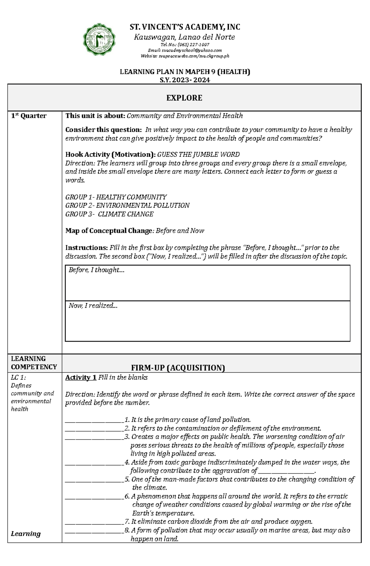 Learning PLAN Health 9 1ST Quarter - ST. VINCENT’S ACADEMY, INC ...