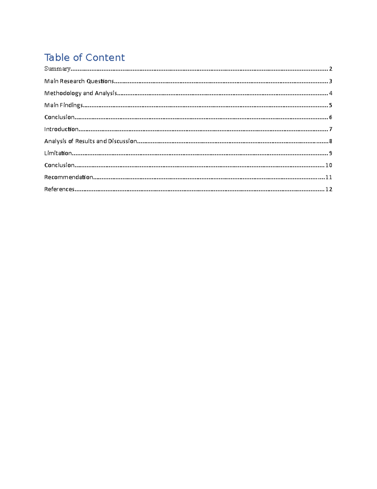 table of content for case study