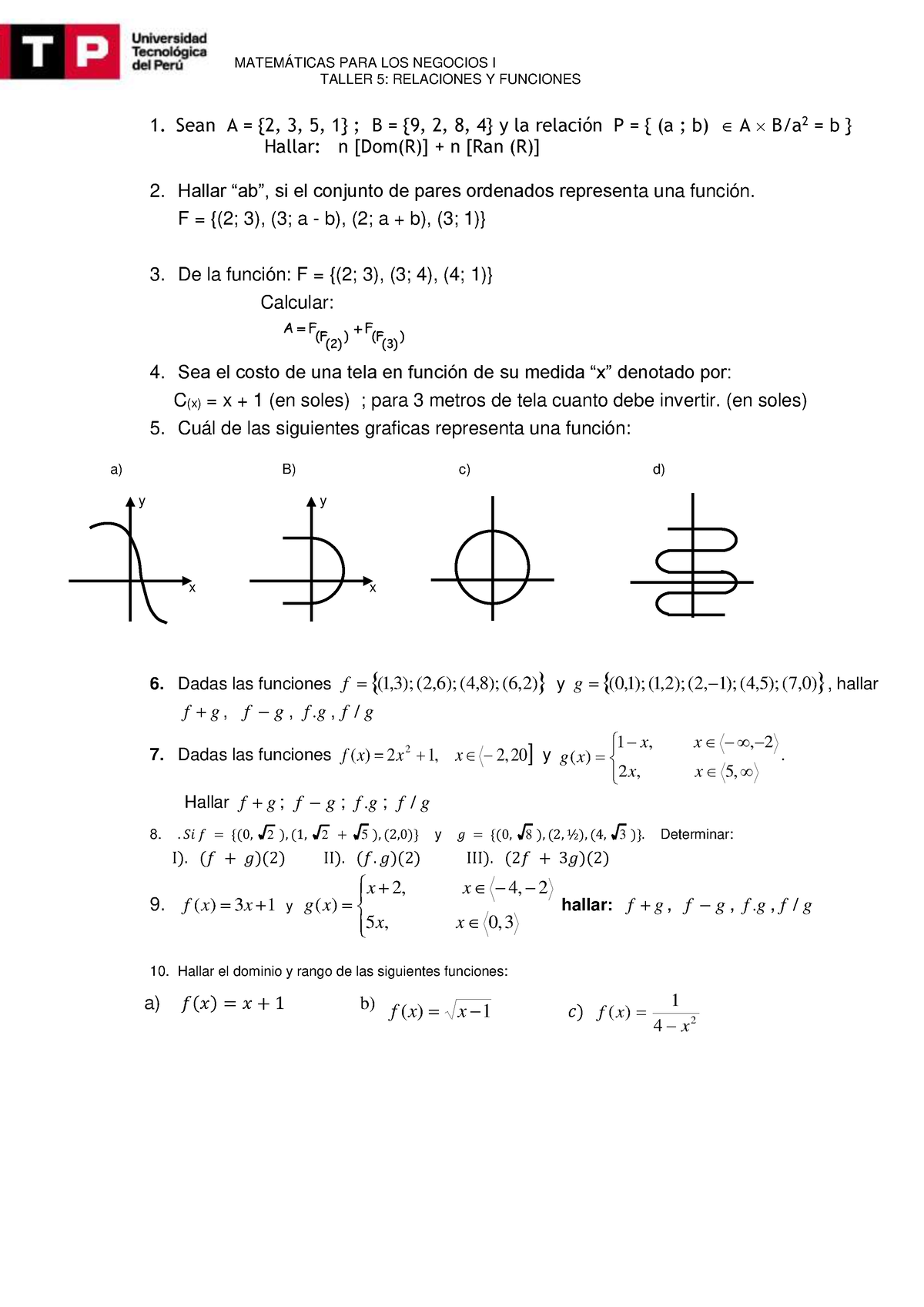 Taller 5 Relciones Y Funciones 954726763 MatemÁticas Para Los Negocios I Taller 5 Relaciones 2594