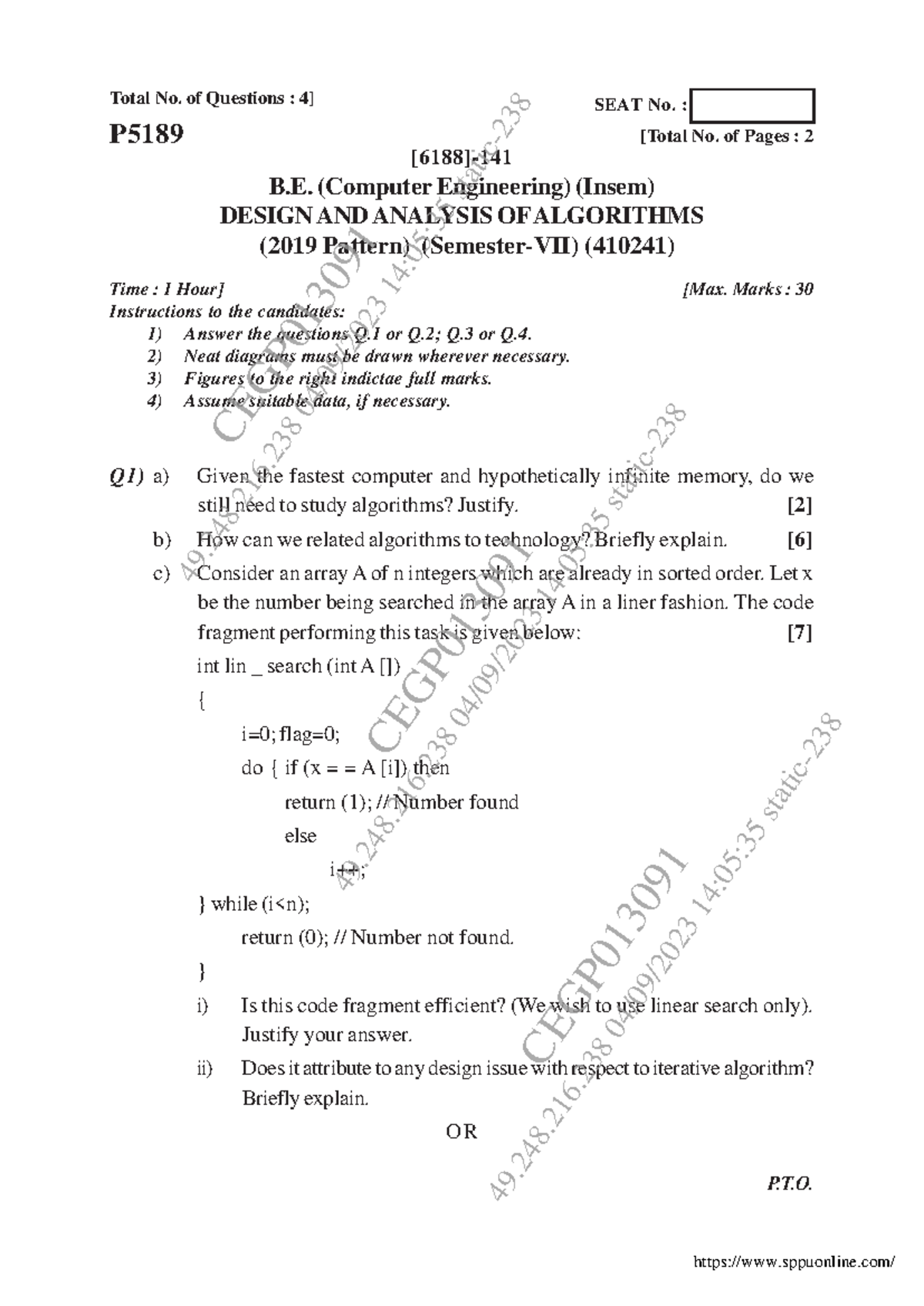 design and analysis of algorithm insem question paper - [6188]-141 1 ...
