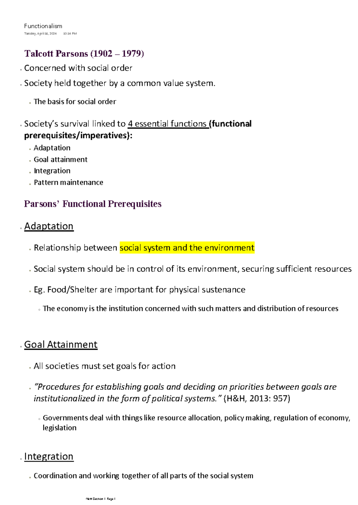 Functionalism - Talcott Parsons (1902 – 1979) • Concerned with social ...