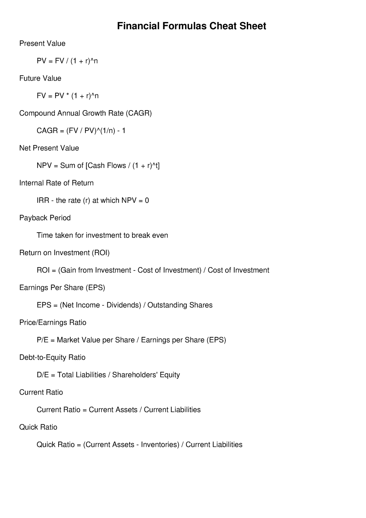 Financial Formulas Cheat Sheet Financial Formulas Cheat Sheet Present Value Pv Fv 1 R