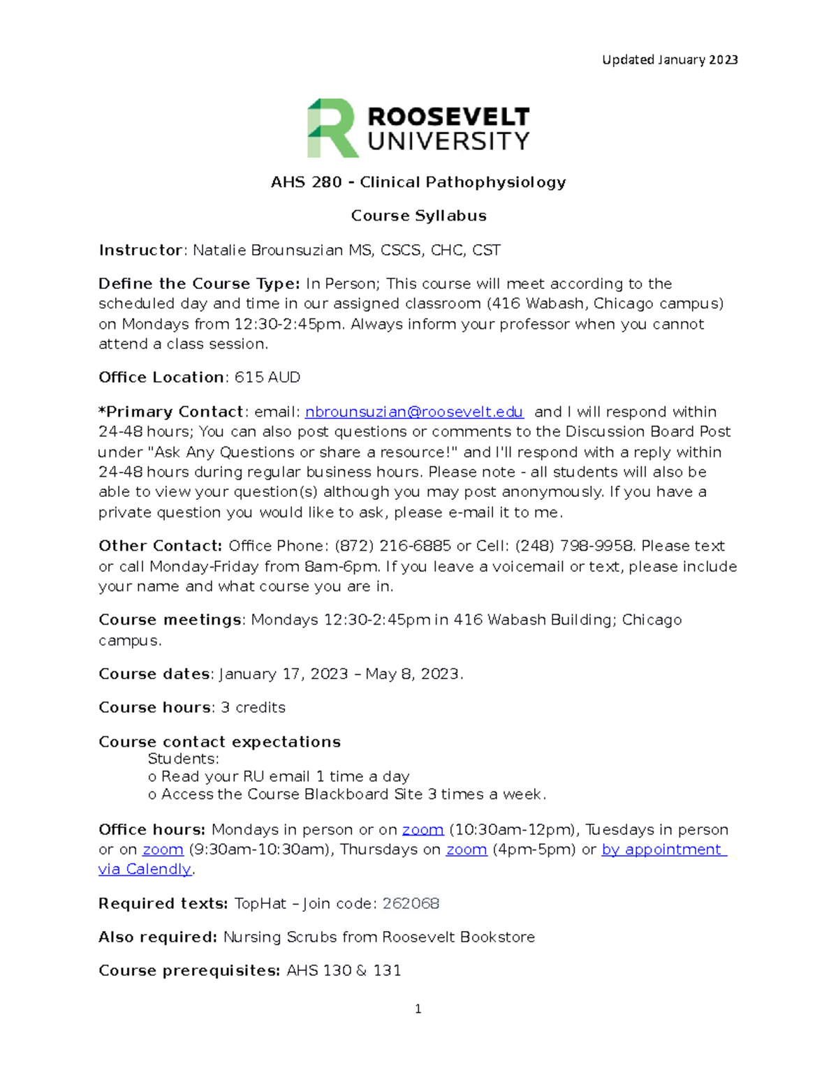 2022.2023 AHS 280 NB Syllabus - AHS 280 - Clinical Pathophysiology ...