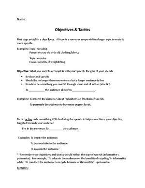 Objectives and tactics - Name: Objectives & Tactics First step ...