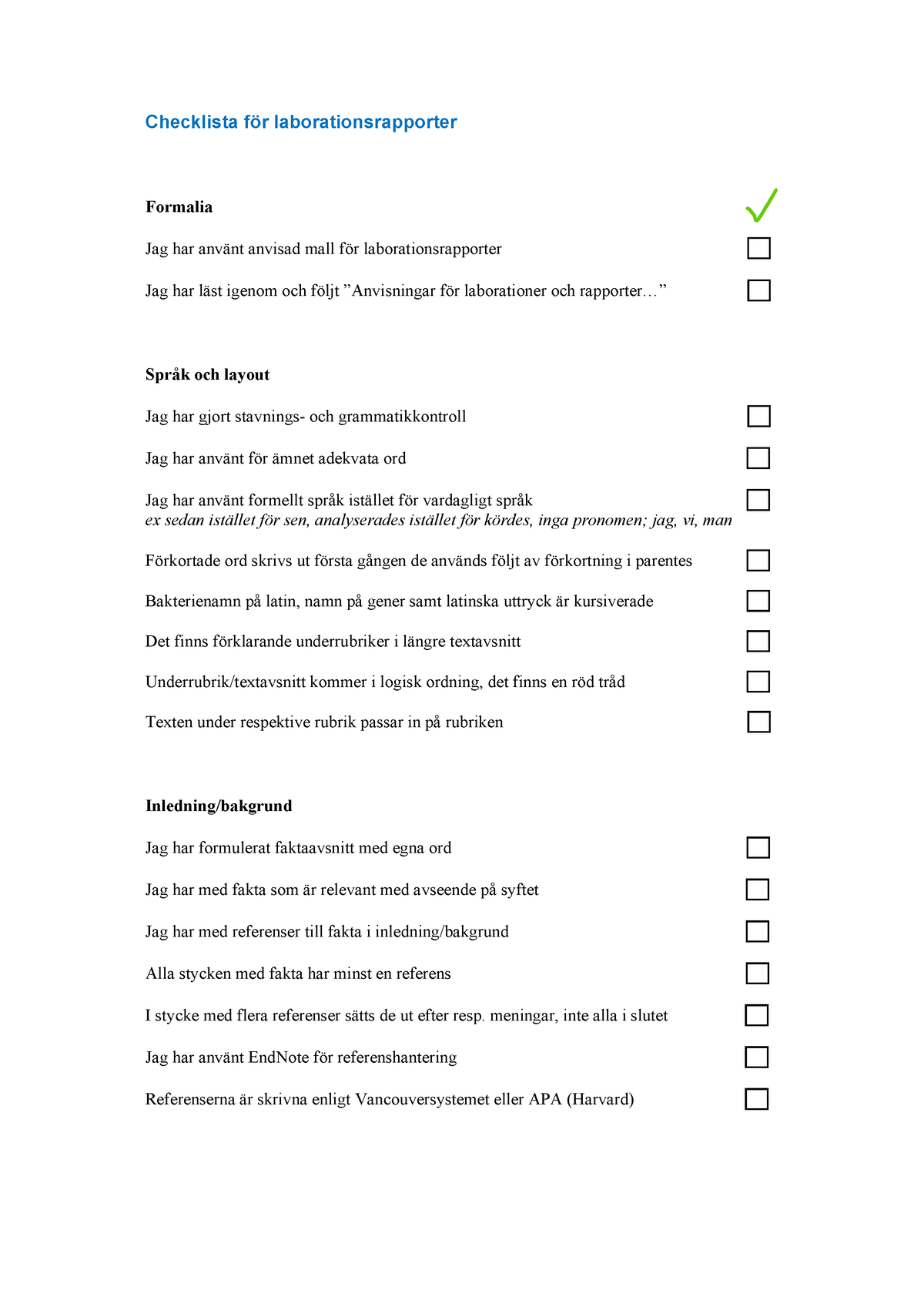Checkliiiiistan - Checklista För Laborationsrapporter Formalia Jag Har ...