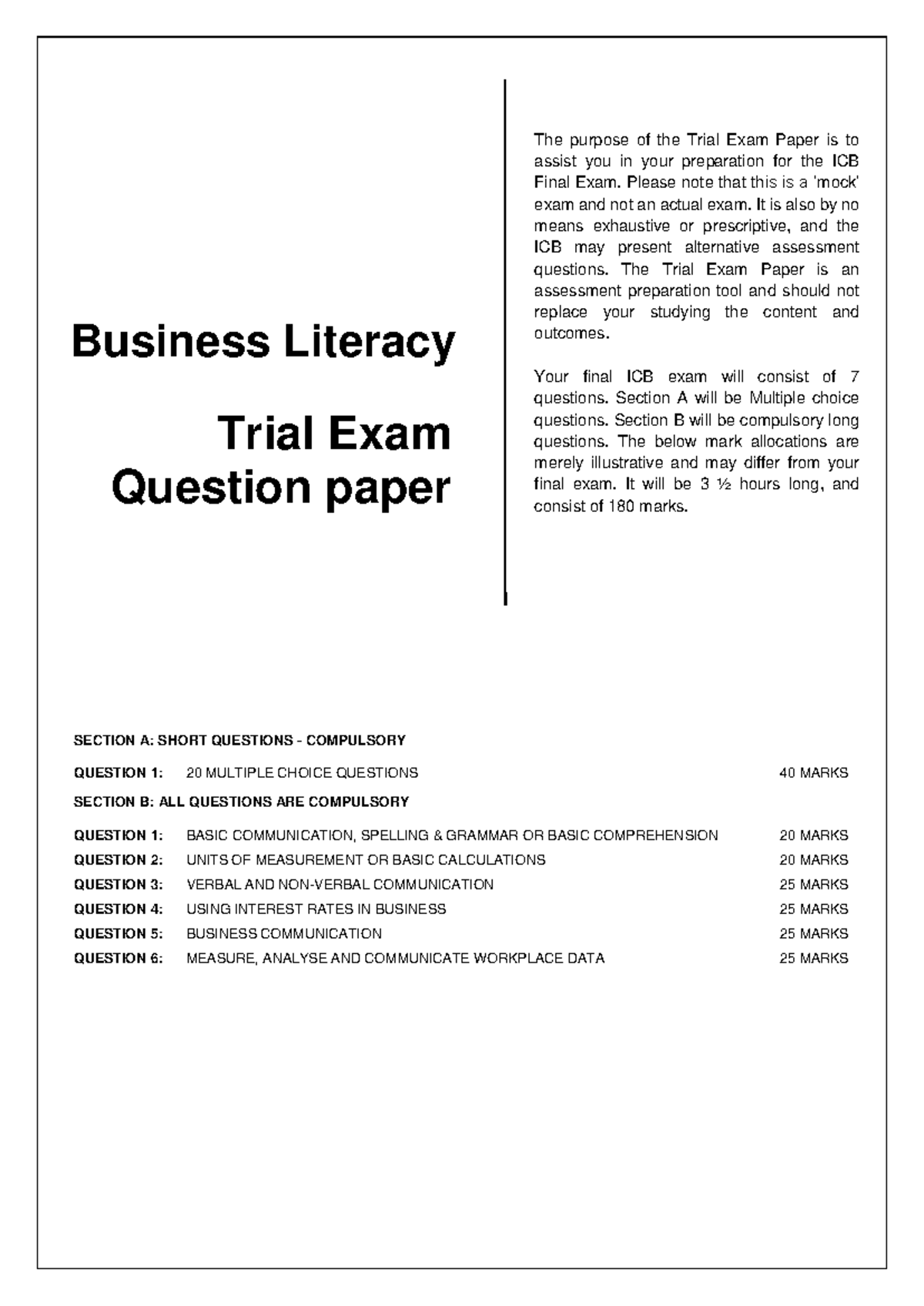 Busl trial paper questions 2 - SECTION A: SHORT QUESTIONS - COMPULSORY ...