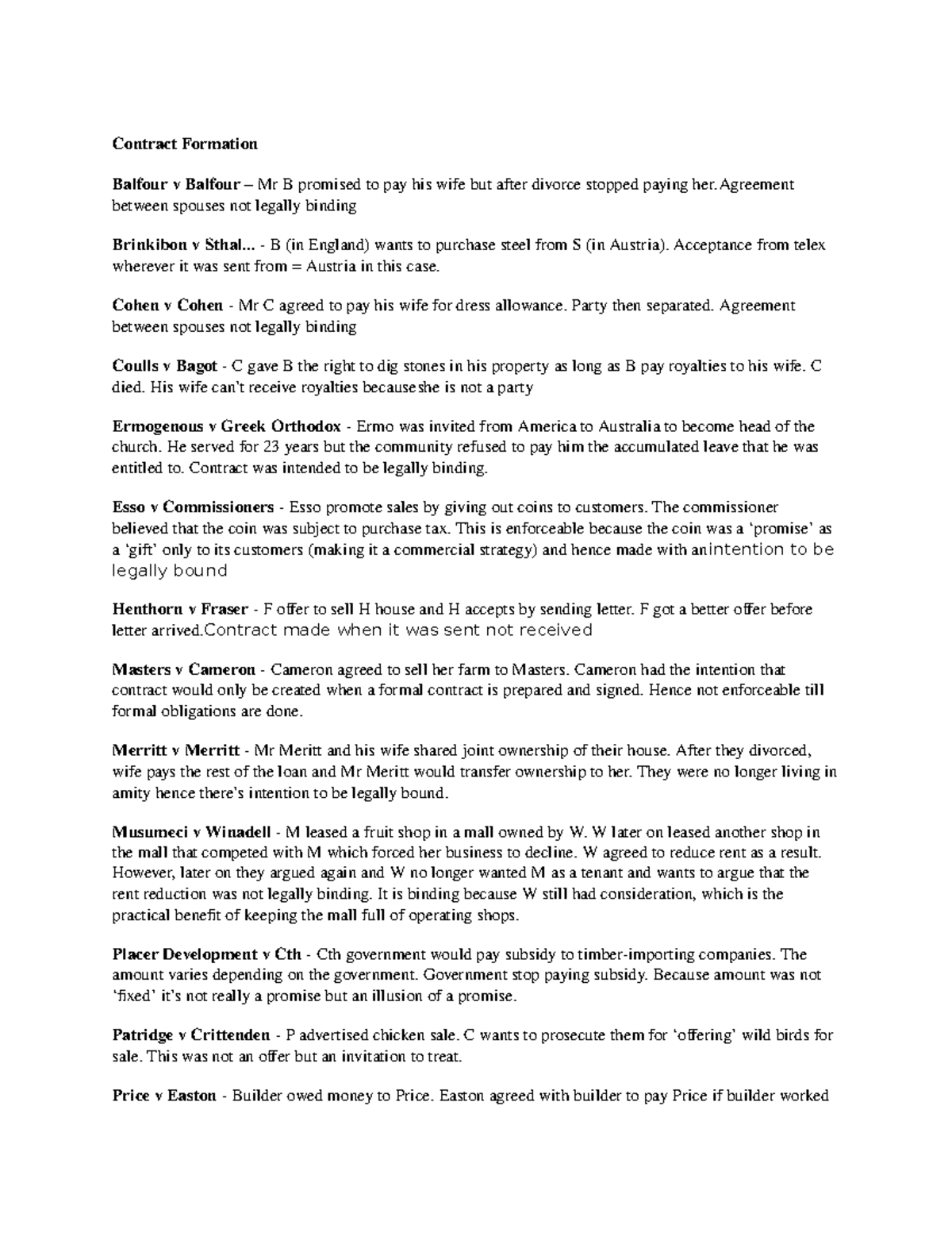 PBL CASE Summary Contract Formation Balfour v Balfour Mr B promised