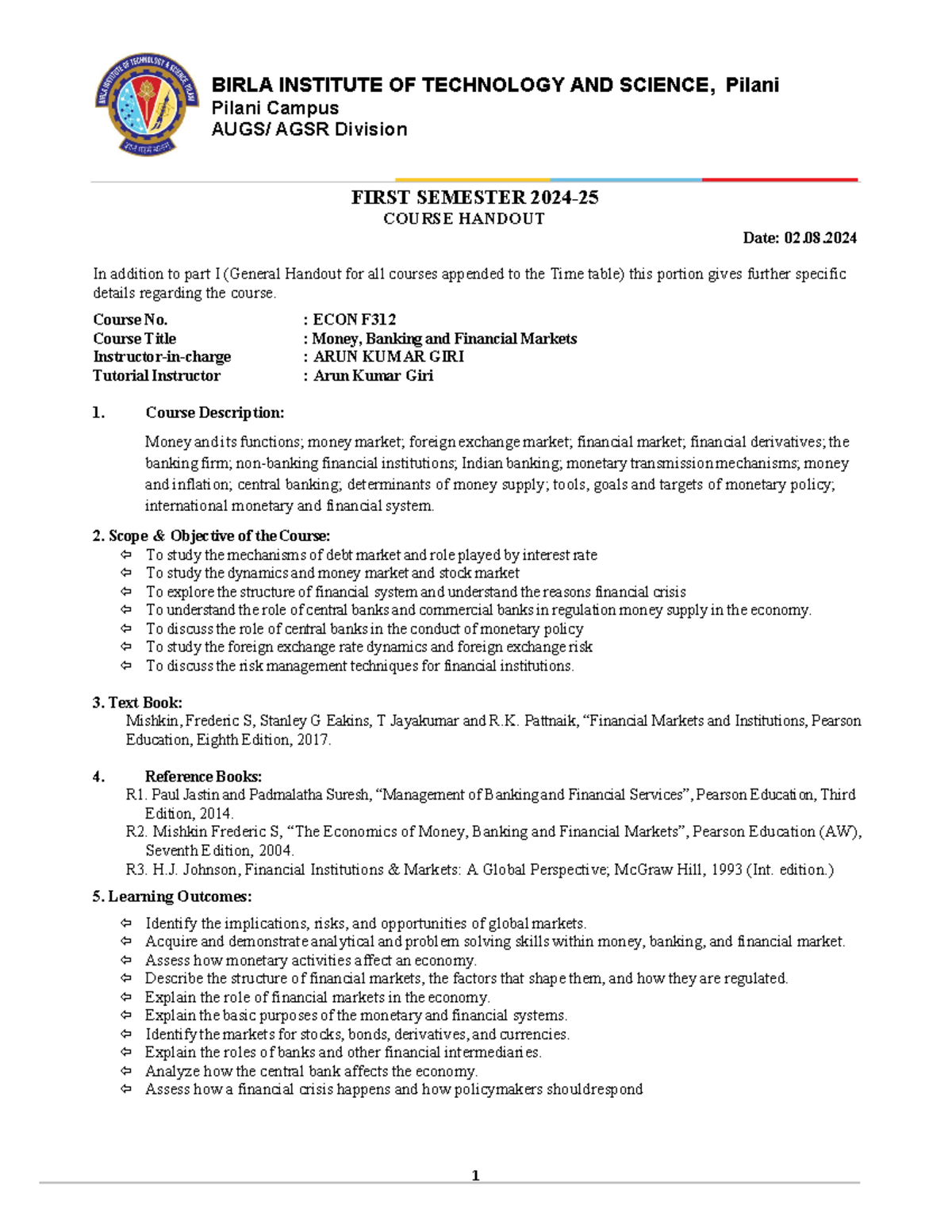 Mbfm handout - BIRLA INSTITUTE OF TECHNOLOGY AND SCIENCE, Pilani Pilani ...