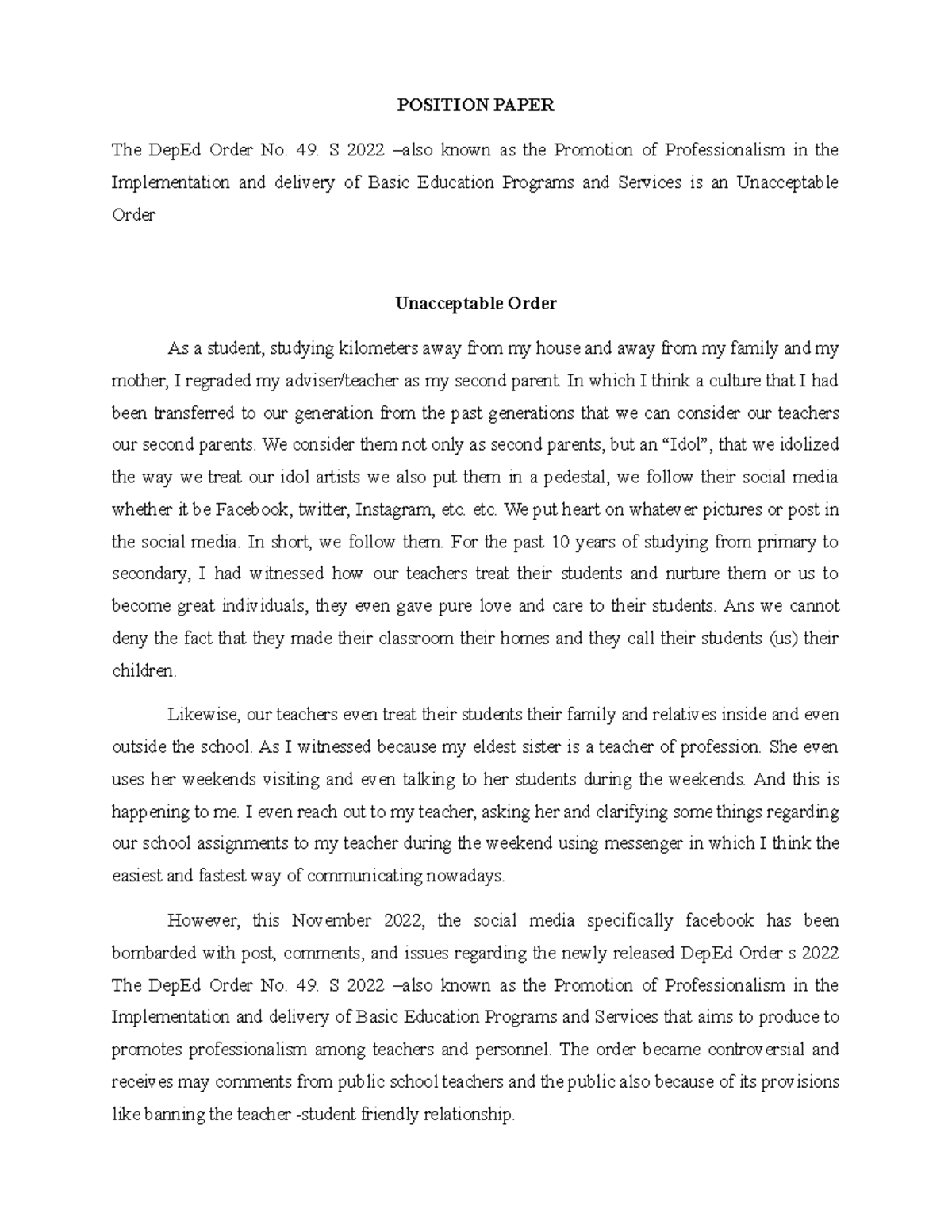SAMPLE POSITION PAPER POSITION PAPER The DepEd Order No 49 S 2022 