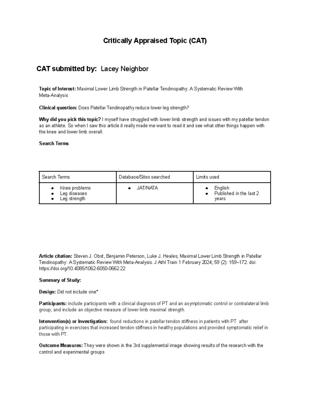 CAT article - Critically Appraised Topic (CAT) CAT submitted by: Lacey ...